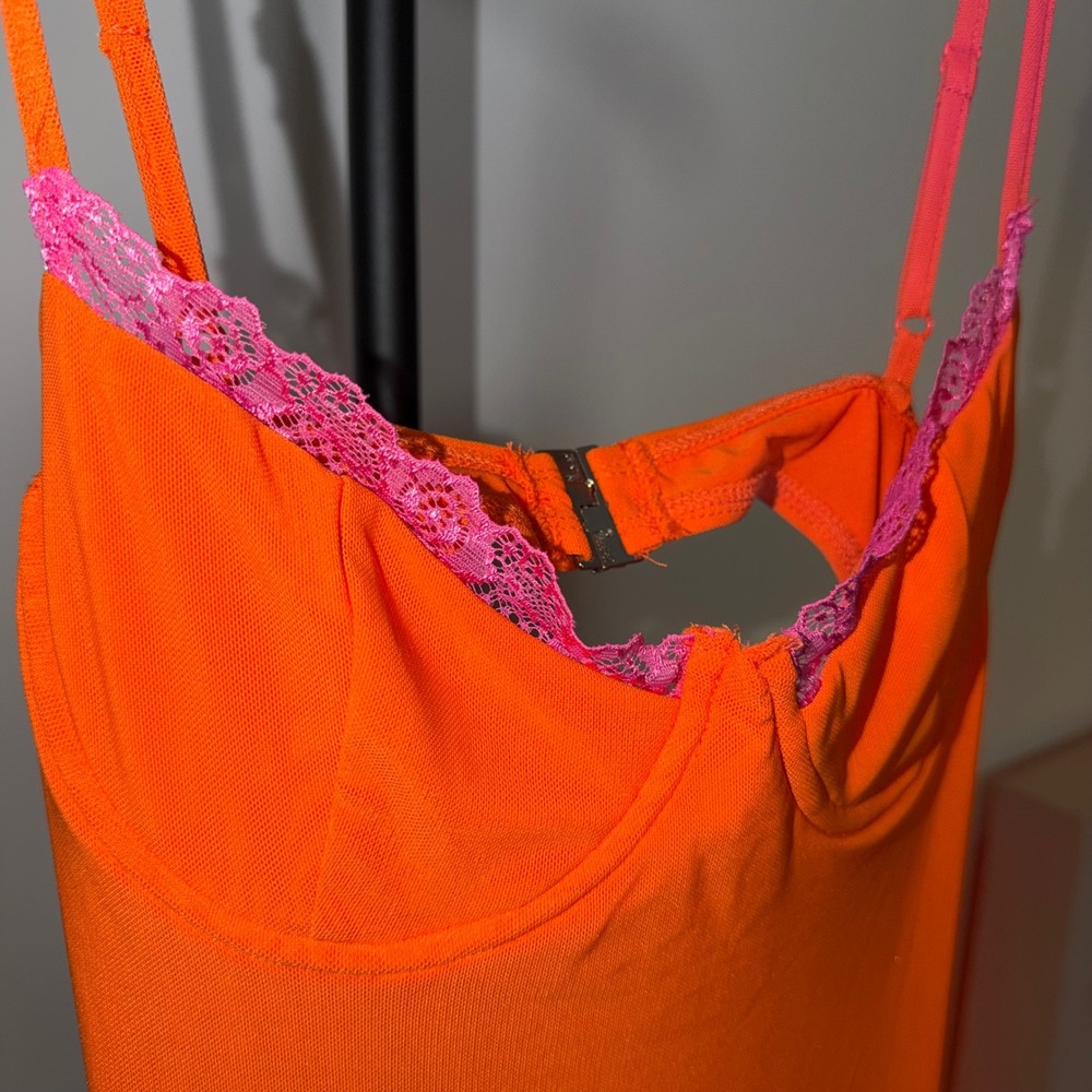 Orange Bodycon Maxi Dress Pink Lace Trim Underwire Cups Back Cutout Size S - Picture 4 of 7